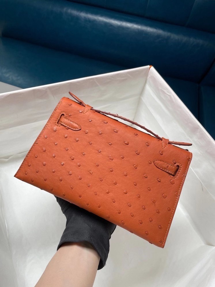 Hermes Mini Kelly Pochette 22cm Bag In Orange Ostrich Leather